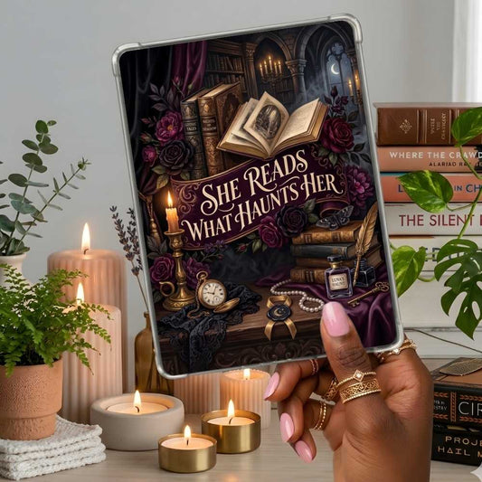 She Reads What Haunts Her Kindle insert second lifestyle view in a clear eReader case