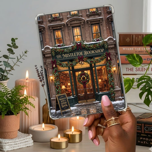 The Mistletoe Bookshop Kindle insert second lifestyle view in a clear eReader case