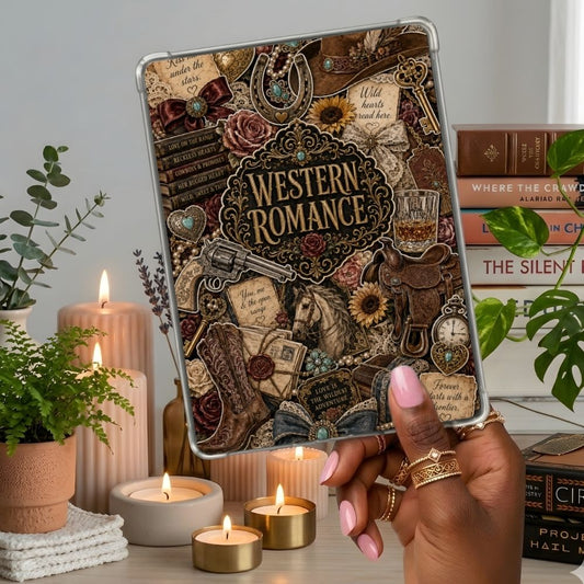 Western Romance Collage Kindle insert second lifestyle view in a clear eReader case