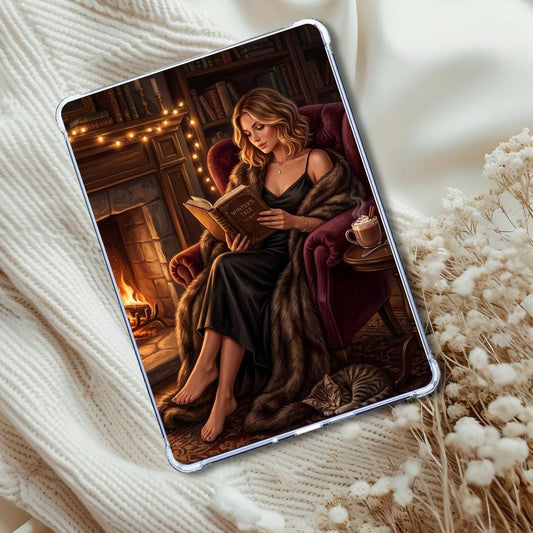 Fireside Reader Caucasian Girl Insert: Kindle or eReader Decor for Book Lovers
