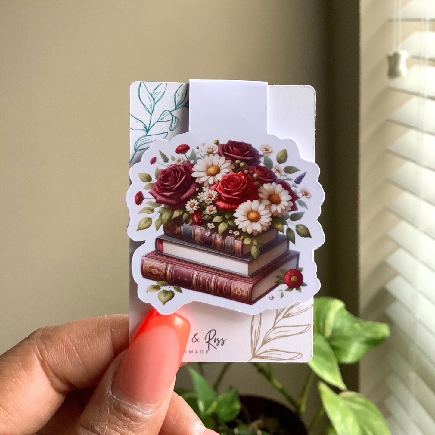 Red Flowers and Books Magnetic Bookmark