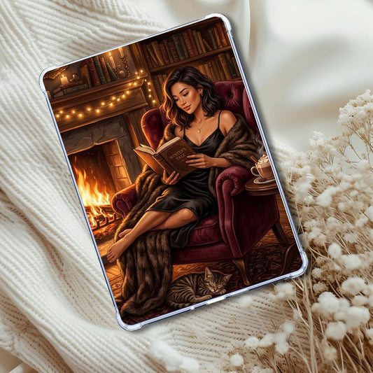 Fireside Reader Asian Girl Insert: Kindle or eReader Decor for Book Lovers