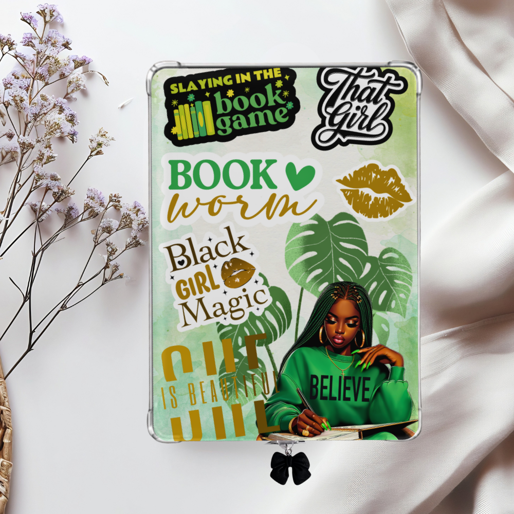 Nikki Green and Yellow Shimmery Holographic Sticker Look Kindle Insert for Clear Case | Bookish Accessories