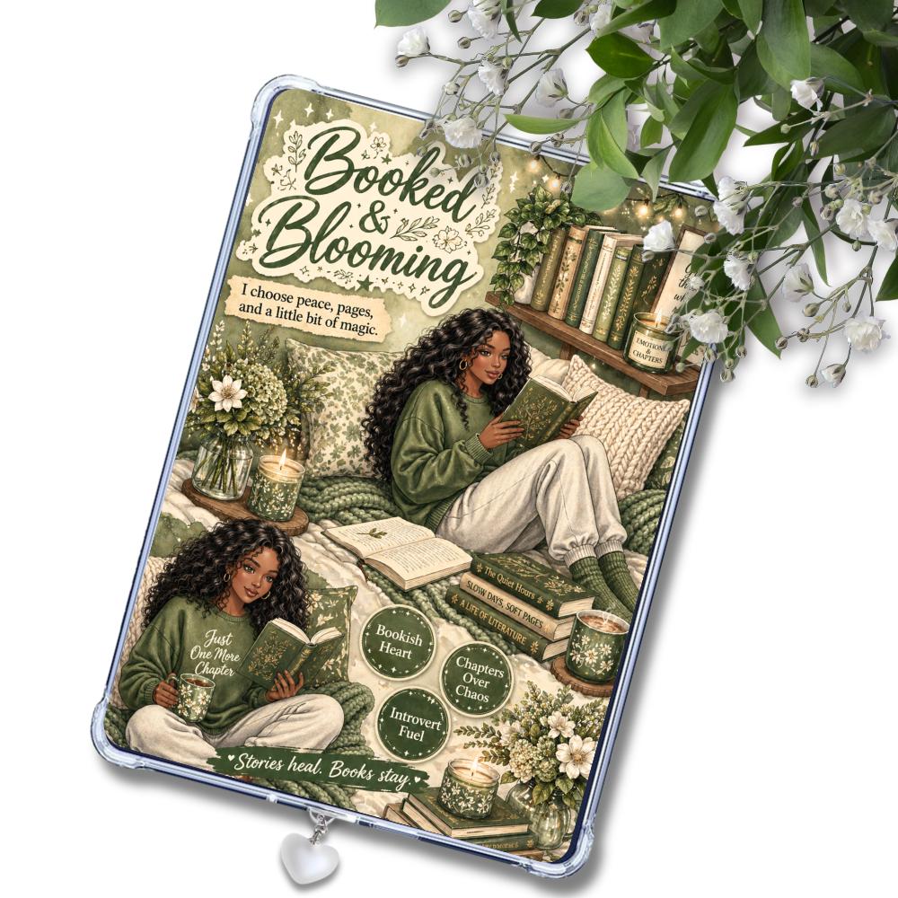 Booked & Blooming Olive Black Girl Reader: Kindle or eReader Decor for Book Lovers
