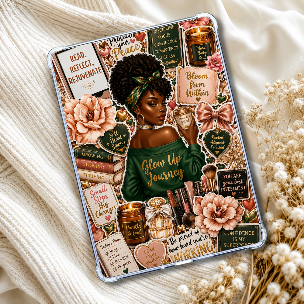 A decorative tin or box featuring a colorful illustrated design with a Black woman, flowers, candles, books, and motivational text, styled on cream knit fabric with dried flowers around it.