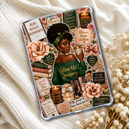 A decorative tin or box featuring a colorful illustrated design with a Black woman, flowers, candles, books, and motivational text, styled on cream knit fabric with dried flowers around it.