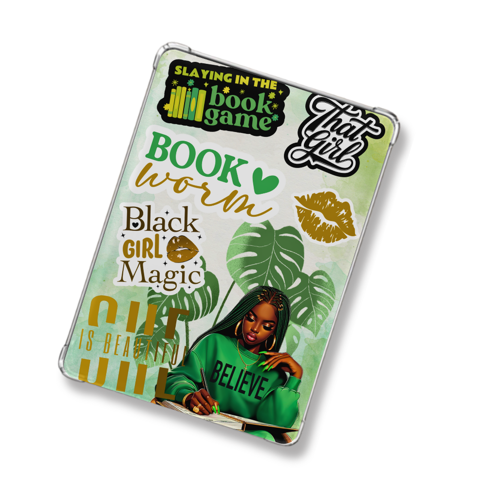 Nikki Green and Yellow Shimmery Holographic Sticker Look Kindle Insert for Clear Case | Bookish Accessories