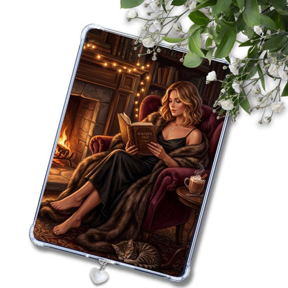 Fireside Reader Caucasian Girl Insert: Kindle or eReader Decor for Book Lovers