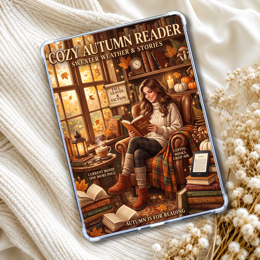 A tablet displaying a cozy autumn-themed reading cover art with the title 'Cozy Autumn Reader: Sweater Weather & Stories'. The scene shows a woman in a leather armchair by a window, reading a book, surrounded by pumpkins, open books, and fall leaves.