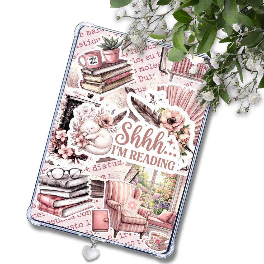 Pink and White Nook Library Scene Insert: Kindle or eReader Decor for Book Lovers