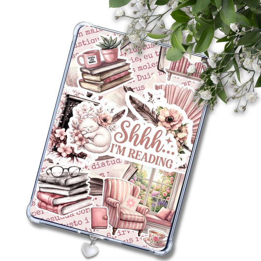 Pink and White Nook Library Scene Insert: Kindle or eReader Decor for Book Lovers
