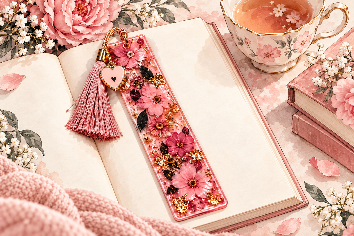 Pink floral resin bookmark on an open book