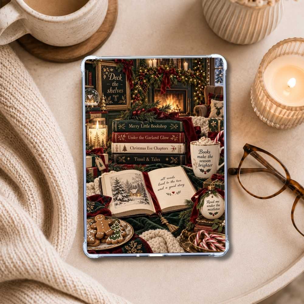 Deck the Shelves Kindle insert styled in a clear eReader case