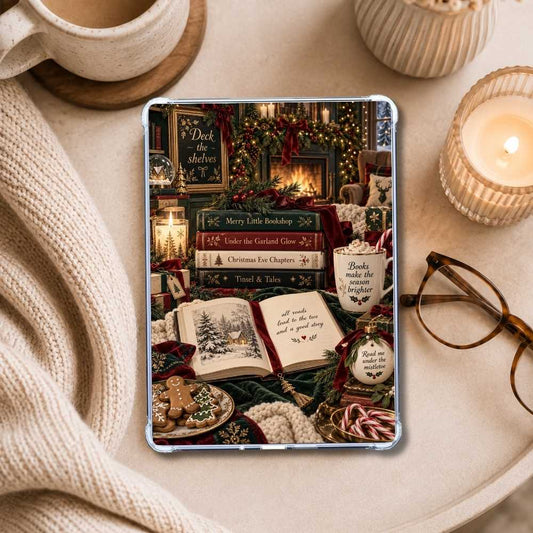 Deck the Shelves Kindle insert styled in a clear eReader case