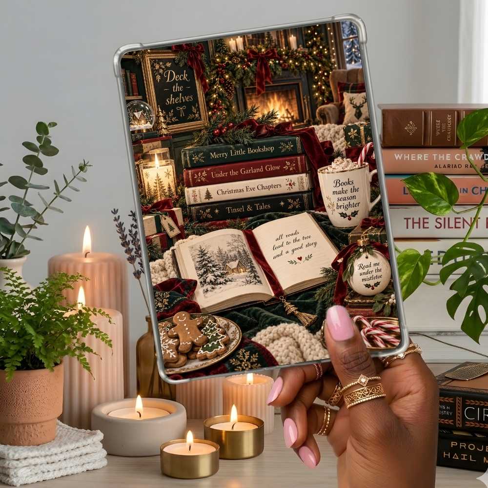 Deck the Shelves Kindle insert second lifestyle view in a clear eReader case