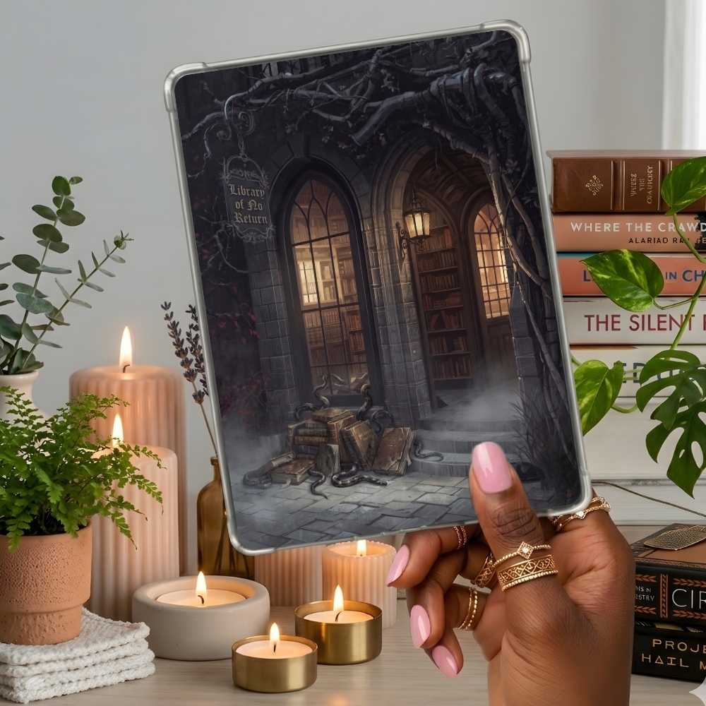 Library of No Return Kindle insert second lifestyle view in a clear eReader case