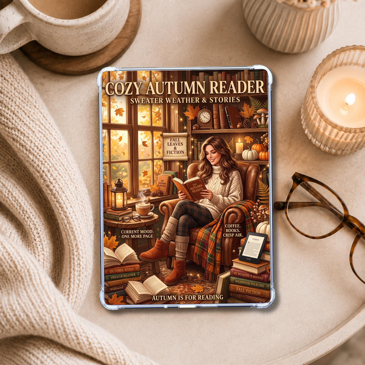 Fall Reader shown on an eReader in a styled setting