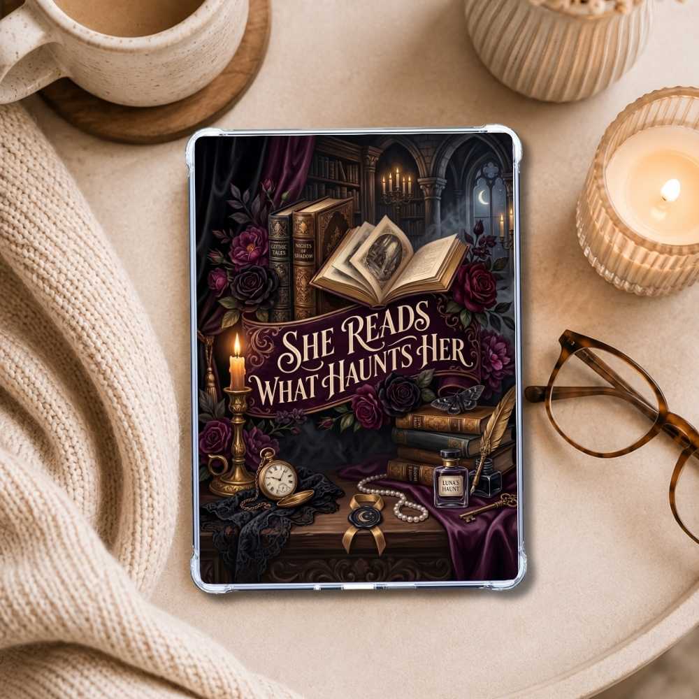 She Reads What Haunts Her Kindle insert styled in a clear eReader case