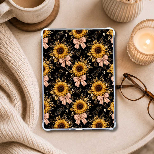 Sunflower and Bows Kindle insert styled in a clear eReader case