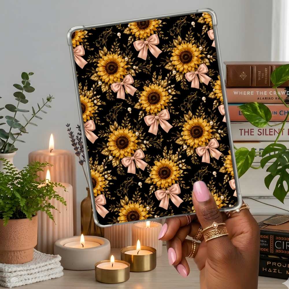 Sunflower and Bows Kindle insert second lifestyle view in a clear eReader case