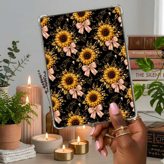 Sunflower and Bows Kindle insert second lifestyle view in a clear eReader case
