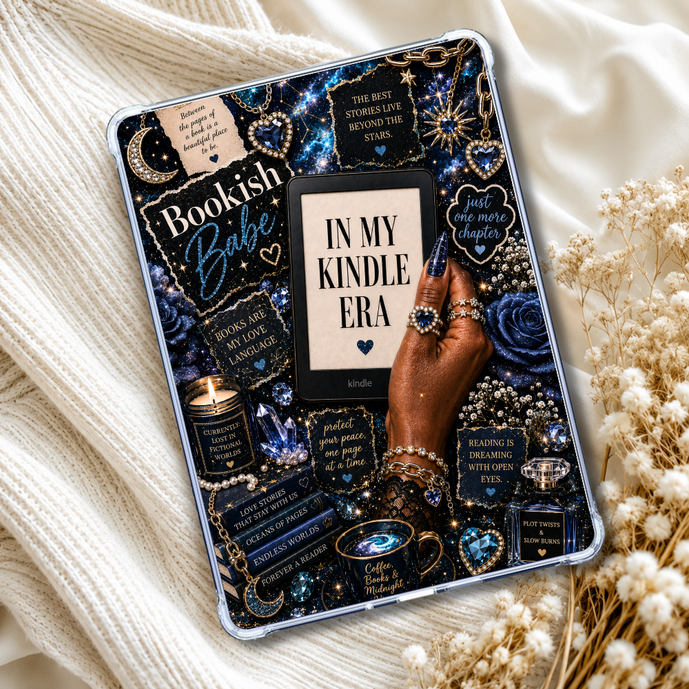 A tablet case with a dark blue and black gothic bohemian design, shown on a tablet. The design features celestial patterns, candles, books, and text like 'Bookish Babe' and 'In My Kindle Era'.