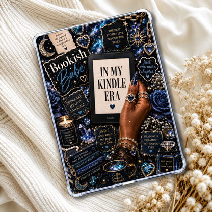 A tablet case with a dark blue and black gothic bohemian design, shown on a tablet. The design features celestial patterns, candles, books, and text like 'Bookish Babe' and 'In My Kindle Era'.