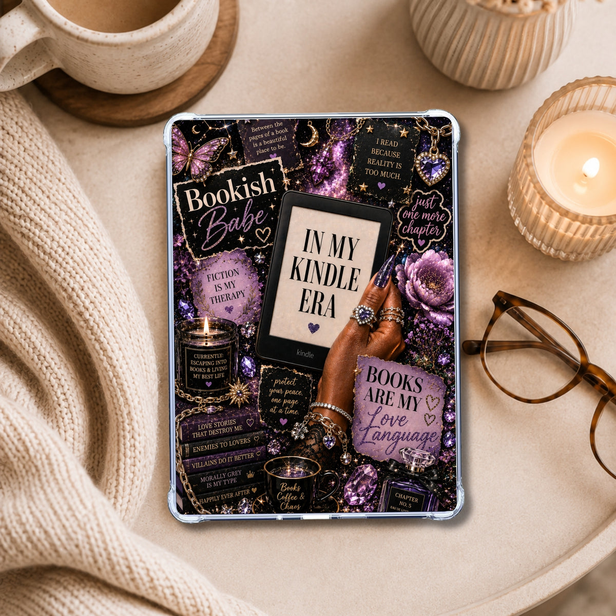 Amethyst Bookish Babe shown on an eReader in a styled setting