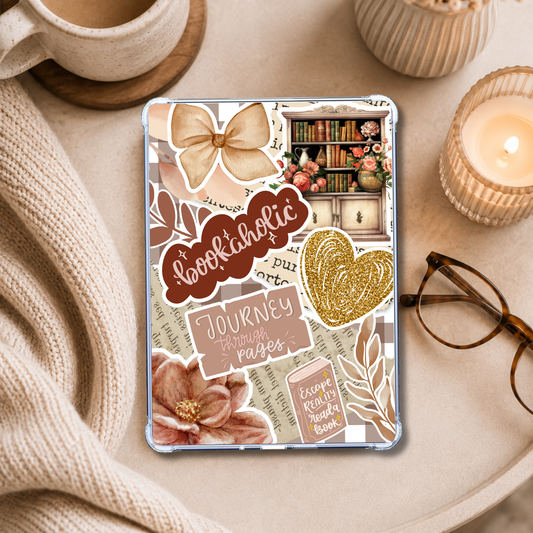 Beige Bookaholic Sticker Look shown on an eReader in a styled setting