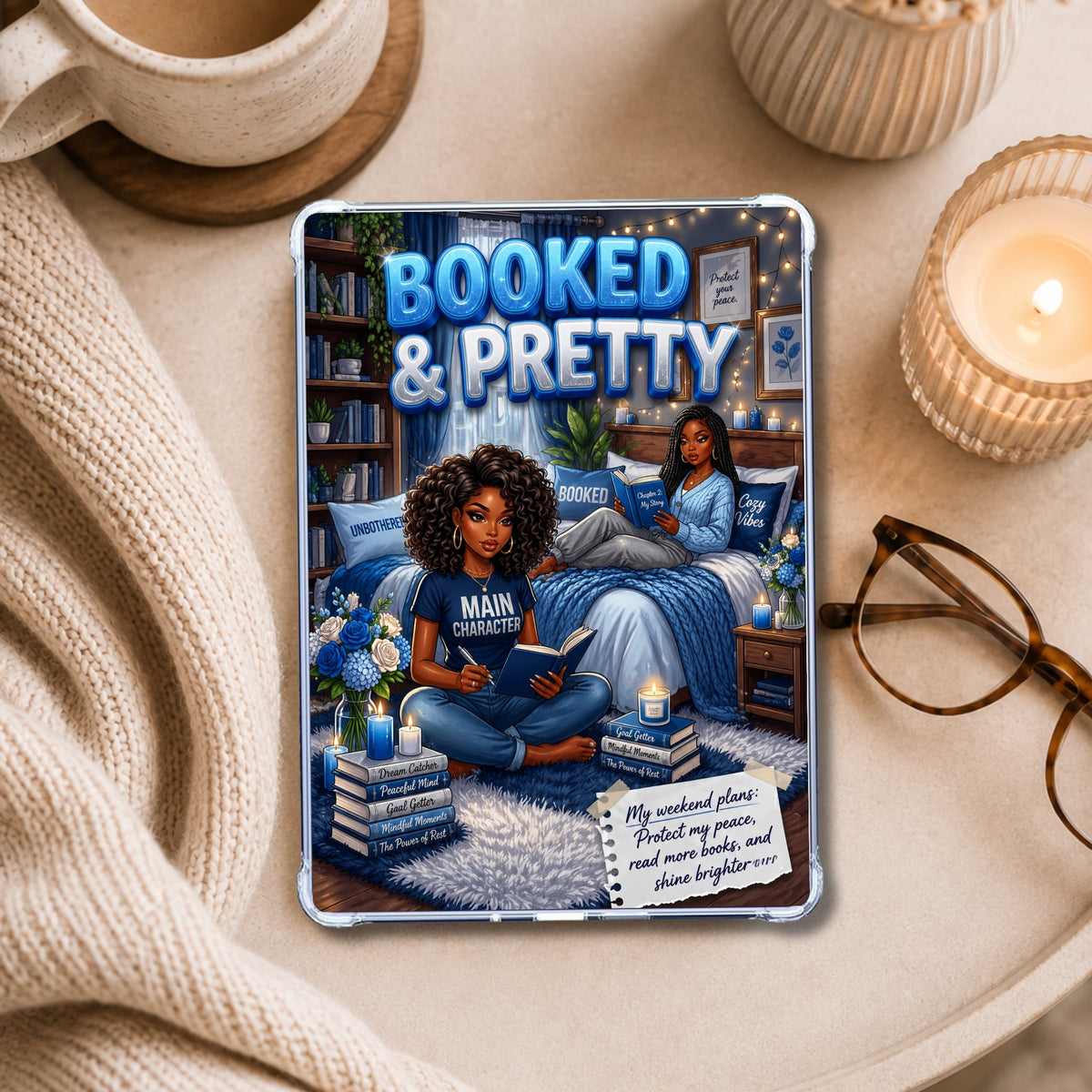 Blue and Silver Booked & Pretty Black Girl shown on an eReader in a styled setting
