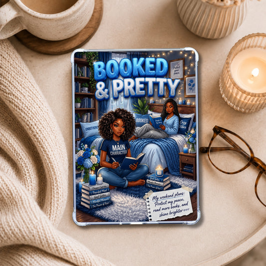 Blue and Silver Booked & Pretty Black Girl shown on an eReader in a styled setting