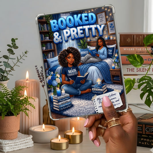 Blue and Silver Booked & Pretty Black Girl shown on a handheld eReader