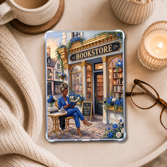 Blue Metro Reader Melanin shown on an eReader in a styled setting