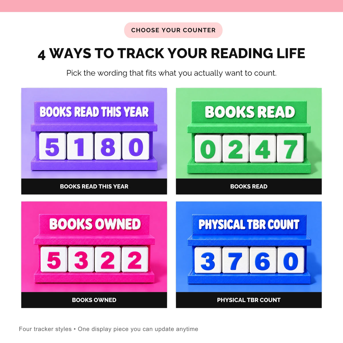 Four interactive book counter styles: Books Read This Year, Books Read, Books Owned, and Physical TBR Count