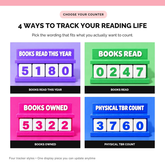 Four interactive book counter styles: Books Read This Year, Books Read, Books Owned, and Physical TBR Count