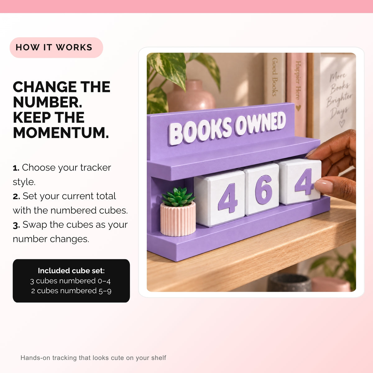 Hands-on book counter showing how numbered cubes are changed to update a reading total