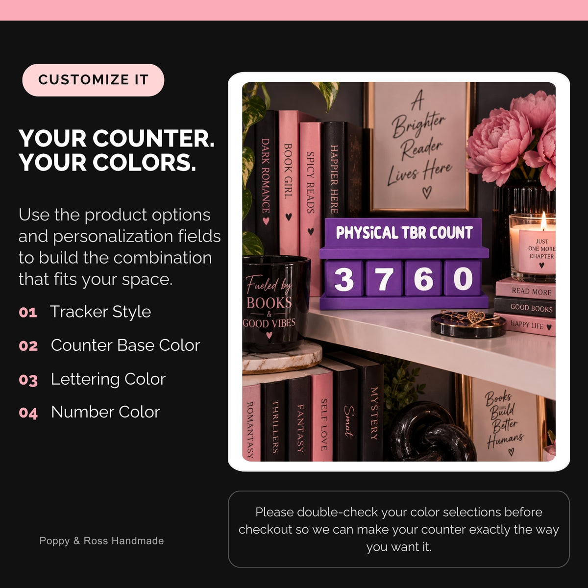 Book counter customization options for tracker style, base color, lettering color, and number color