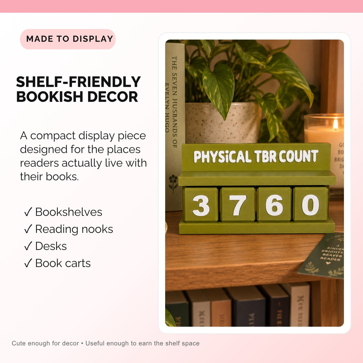 Physical TBR Count book counter styled on a bookshelf as compact bookish decor for shelves, desks, and reading nooks
