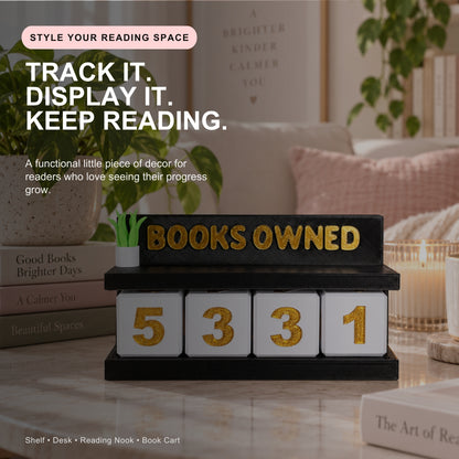 Books Owned interactive book counter styled in a cozy reading space on a coffee table