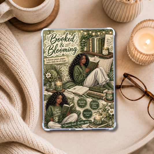 Booked & Blooming Olive Black Girl shown on an eReader in a styled setting