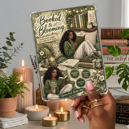 Booked & Blooming Olive Black Girl shown on a handheld eReader