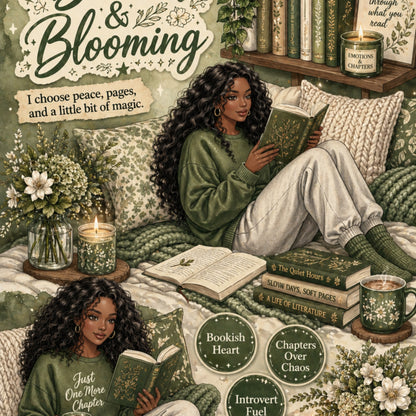 Booked & Blooming Olive Black Girl artwork close-up
