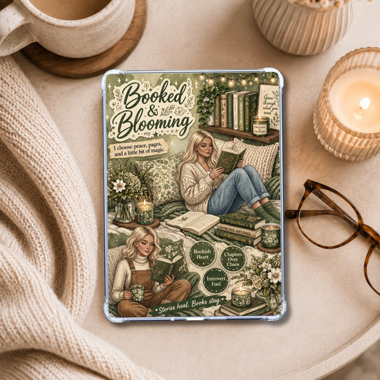 Booked & Blooming Sage White Girl shown on an eReader in a styled setting