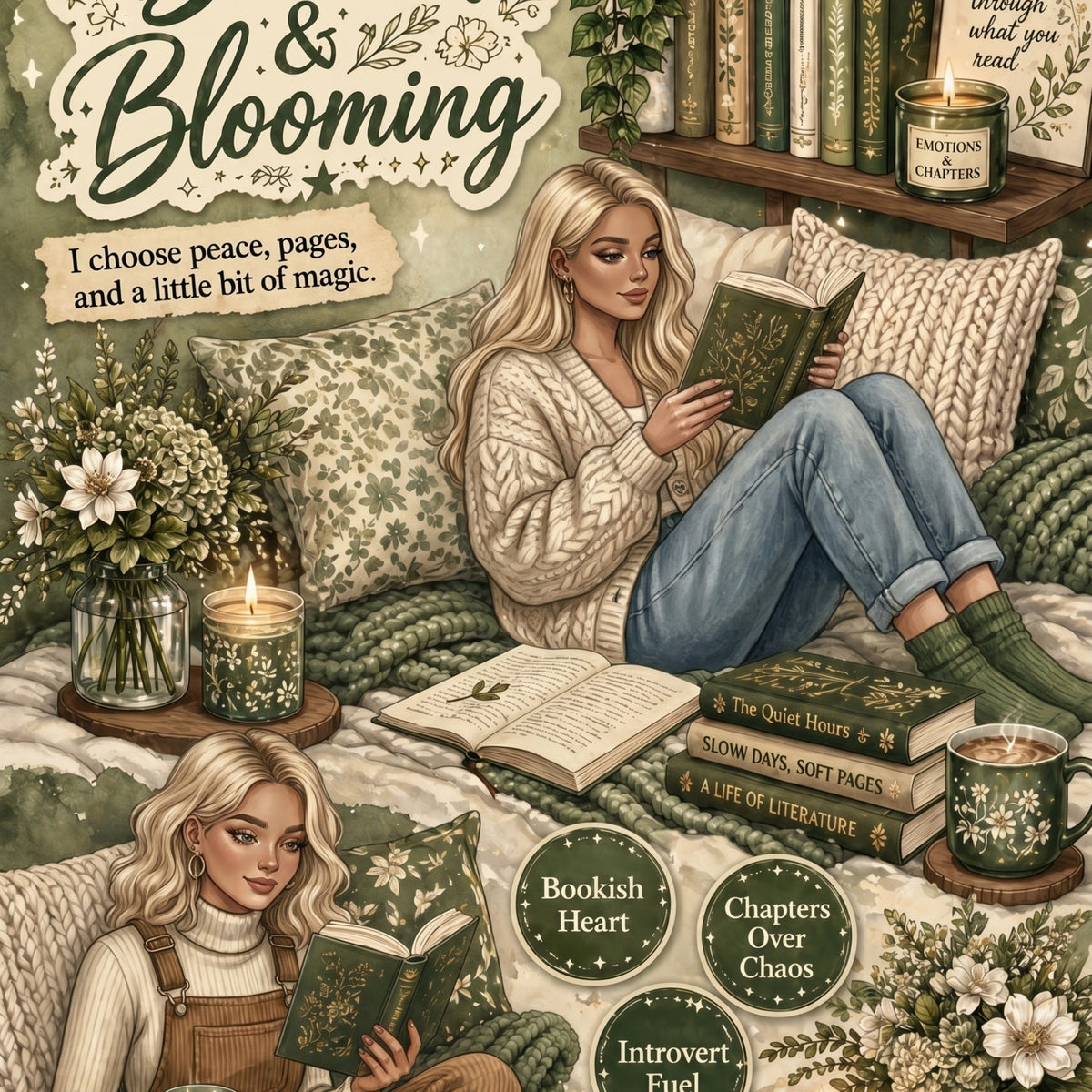 Booked & Blooming Sage White Girl artwork close-up