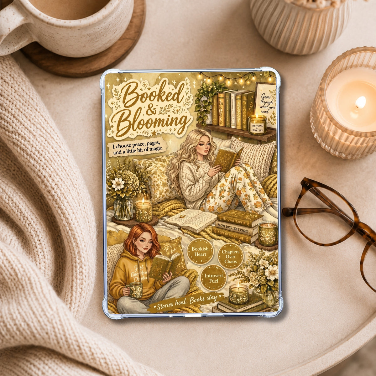 Booked & Blooming Yellow White Girl shown on an eReader in a styled setting
