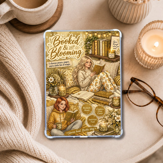 Booked & Blooming Yellow White Girl shown on an eReader in a styled setting