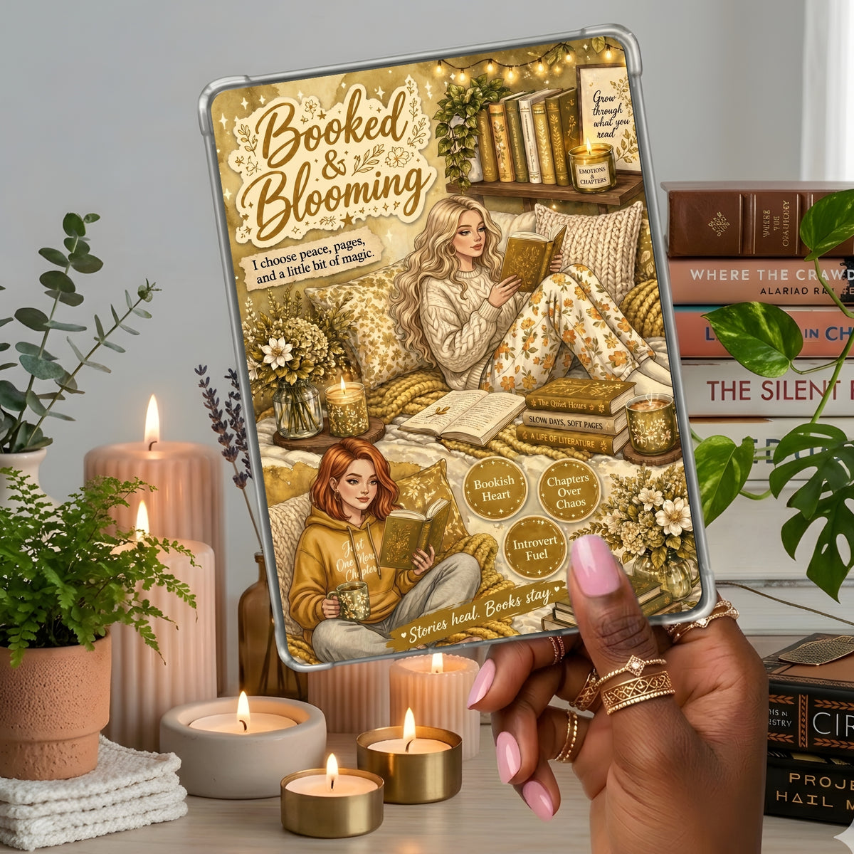 Booked & Blooming Yellow White Girl shown on a handheld eReader