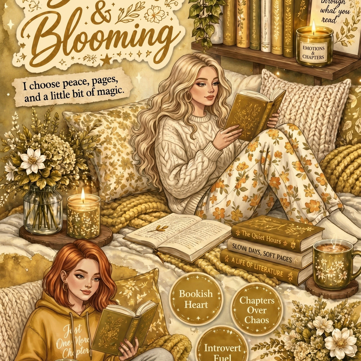 Booked & Blooming Yellow White Girl artwork close-up