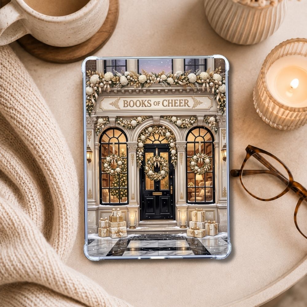 Books of Cheer Kindle insert styled in a clear eReader case