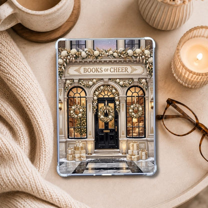 Books of Cheer Kindle insert styled in a clear eReader case